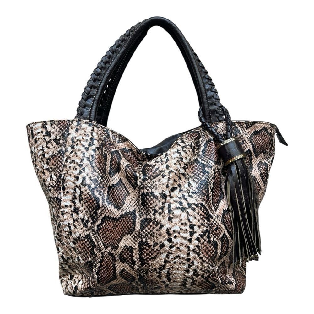 NWOT Baciami Vegan Brown Faux Leather Snakeskin Bag Med Tassel Zipper Boho